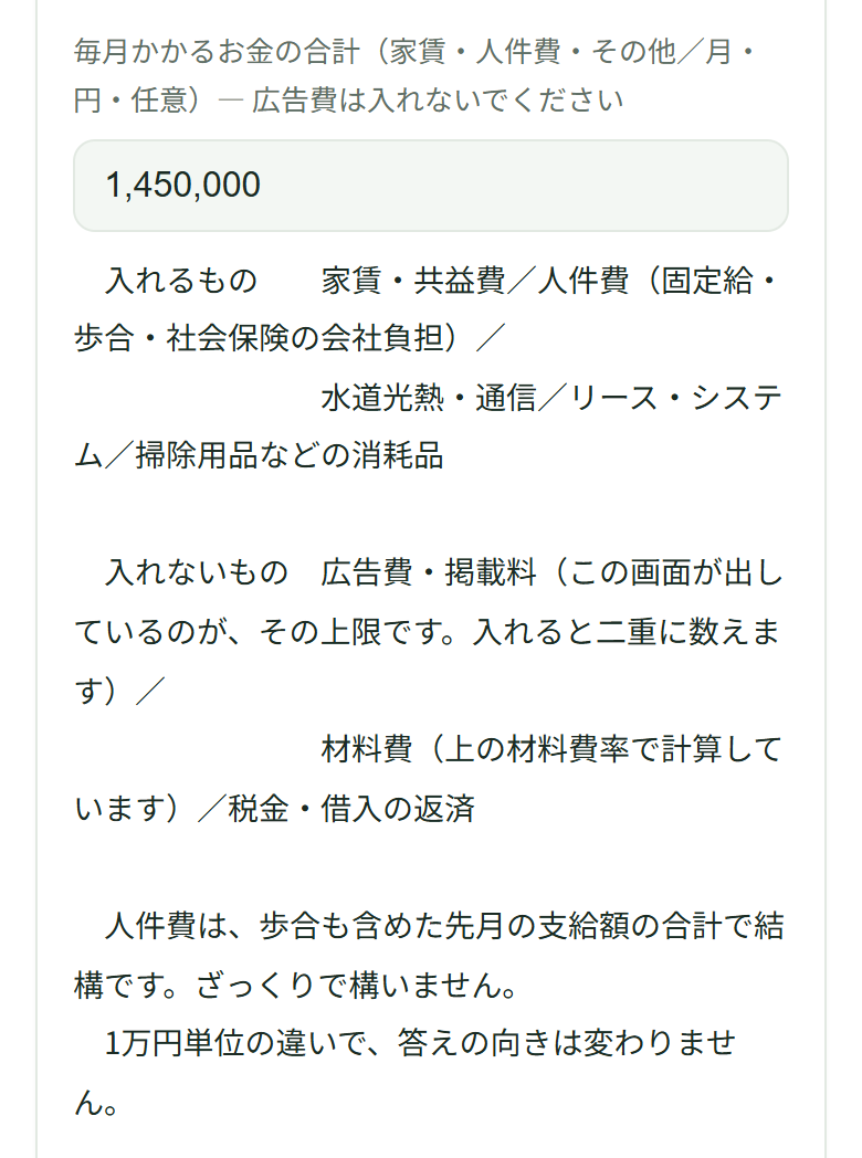 毎月かかるお金の欄に1,450,000。その下に、入れるものは家賃・人件費など、入れないものは広告費・掲載料、材料費、税金・借入の返済と並んでいる