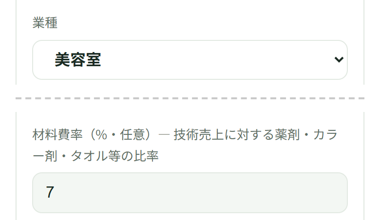 業種で美容室を選ぶと、材料費率の欄に7が入っている