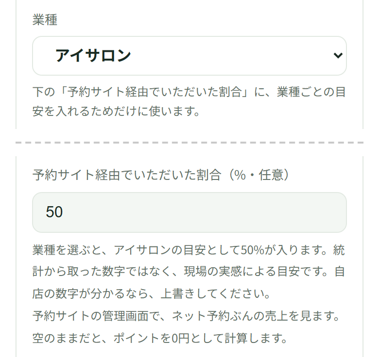 業種でアイサロンを選ぶと、予約サイト経由でいただいた割合に50が入り、アイサロンの目安として50%が入りますと出ている