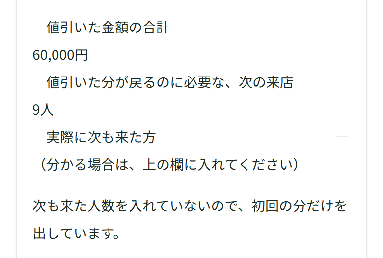 欄の下に、値引いた金額の合計60,000円、値引いた分が戻るのに必要な次の来店9人、実際に次も来た方は「—(分かる場合は、上の欄に入れてください)」と並んでいる