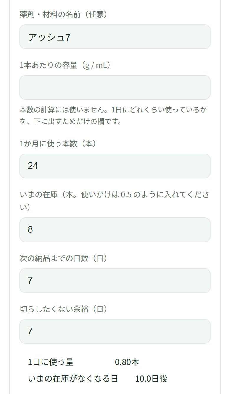 入力欄。薬剤・材料の名前(任意)にアッシュ7、1本あたりの容量(g / mL)は空で、その下に、本数の計算には使いません、と書かれている。1か月に使う本数(本)に24、いまの在庫に8、次の納品までの日数(日)に7、切らしたくない余裕(日)に7。その下に、1日に使う量0.80本、いまの在庫がなくなる日10.0日後