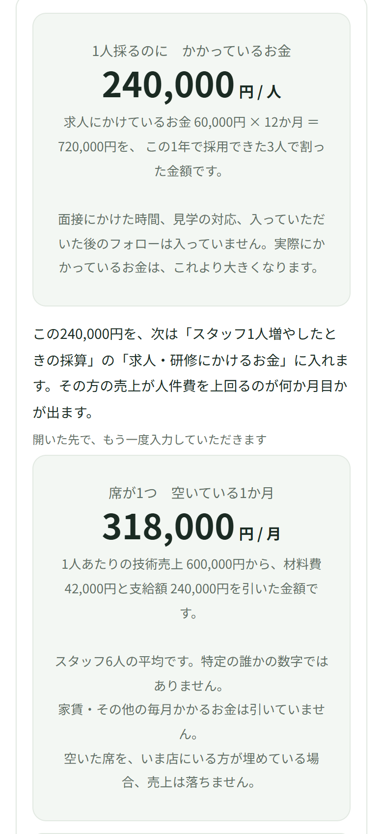上に1人採るのにかかっているお金240,000円、下に席が1つ空いている1か月318,000円。2枚の間に別の画面への案内が1つ入っている