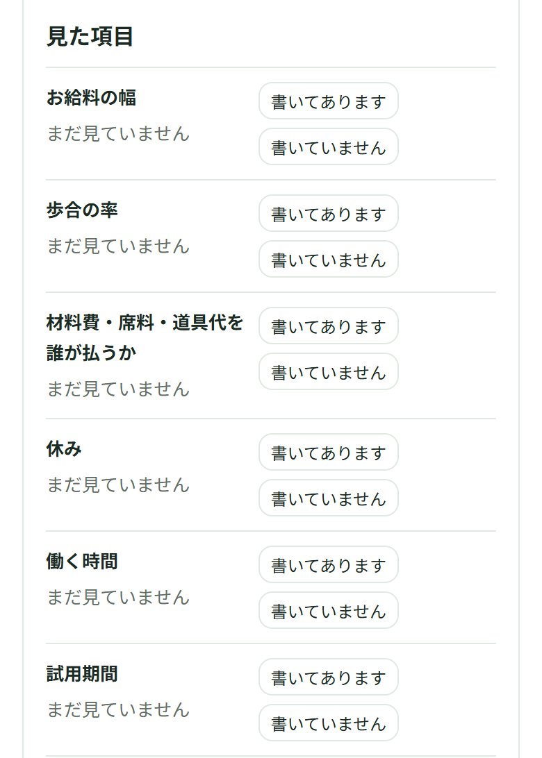 業務委託ともう技術ができる人を選んだあとの表。お給料の幅・歩合の率・材料費や席料を誰が払うか・休み・働く時間・試用期間が上から並び、どれも「まだ見ていません」で、右に［書いてあります］［書いていません］が付いている