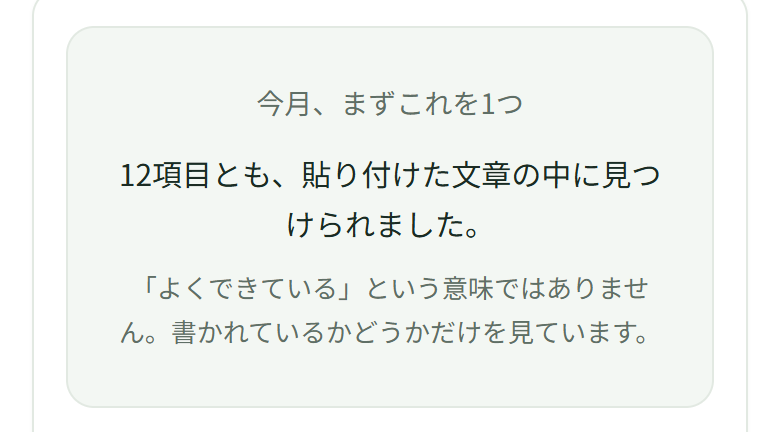 いちばん上の枠に「12項目とも、貼り付けた文章の中に見つけられました。」と出ていて、その下に「「よくできている」という意味ではありません。書かれているかどうかだけを見ています。」と書かれている