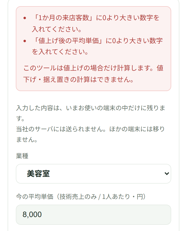 今の平均単価に8,000と打った直後、上に赤い箱が出て、まだ空いている来店客数と値上げ後の平均単価の欄の名前が並んでいる